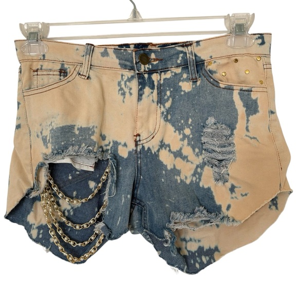 Bleached & Distressed Denim Shorts with Gold Embellishments Size Medium - Picture 1 of 6
